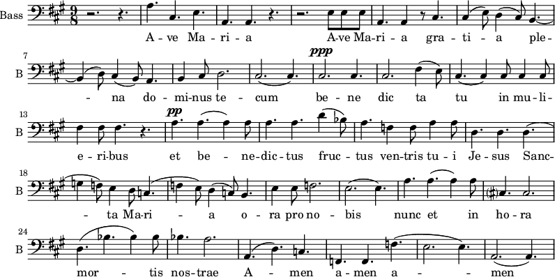 
\new Staff \with {
  midiInstrument = "cello"
  shortInstrumentName = #"B "
  instrumentName = #"Bass "
  } {
  \clef bass \relative c' {  
   \time 9/8 \key a \major 
        r2. r4.
        a4. cis,4. e4. 
        a,4. a4. r4. 
        r2. e'8 e e
        a,4. a4 r8 cis4.
        cis4 (e8) d4 (cis8) b4.~
        b4 (d8) cis4 (b8) a4.
        b4 cis8 d2.
        cis2. (cis4.)
        cis2. ^\ppp  cis4.
        cis2. fis4 (e8)
        cis4. (cis4) cis8 cis4 cis8 
        fis4  fis8 fis 4. r4.
        a4. ^\pp a4. (a4) a8
        a4. a4. d4 (bes8)
        a4. f4 f8 a4 a8
        d,4. d4. d4.
        (g4 f8)  e4 d8 c4.
        (f4 e8) d4  (c8) b4.
        e4 e8 f2.
        e2. (e4.)
       a4. a4. (a4) a8
       cis,?4. cis2.
       d4. ( bes'4. bes4) bes8
       bes4. a2.
      a,4. ( d4.) c4.
      f,4. f4. f'4. 
      (e2. e4.)
      a,2. (a4.)
  }  }
 \addlyrics { 
              A -- ve Ma -- ri -- a 
              A -- ve Ma -- ri -- a 
              gra -- ti -- a ple -- na
              do -- mi -- nus te -- cum
               be -- ne dic ta tu in mu -- li -- e -- ri -- bus
              et be -- ne -- dic -- tus fruc -- tus ven -- tris tu -- i Je -- sus
              Sanc -- ta Ma -- ri -- a
              o -- ra pro no -- bis
              nunc et in ho -- ra mor -- tis nos -- trae  A -- men a -- men a -- men
            }
