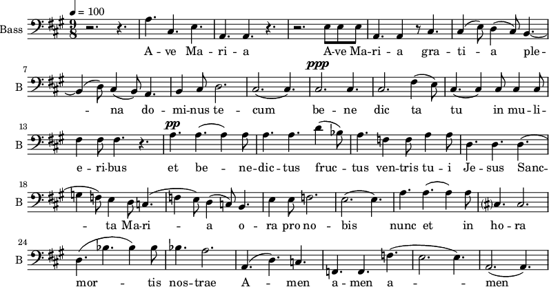 \new Staff \with {
midiInstrument = "cello"
shortInstrumentName = #"B "
instrumentName = #"Bass "
} {
\clef bass \relative c' {
\time 9/8 \key a \major \tempo 4 = 100
r2. r4.
a4. cis,4. e4.
a,4. a4. r4.
r2. e'8 e e
a,4. a4 r8 cis4.
cis4 (e8) d4 (cis8) b4.~
b4 (d8) cis4 (b8) a4.
b4 cis8 d2.
cis2. (cis4.)
cis2. ^\ppp cis4.
cis2. fis4 (e8)
cis4. (cis4) cis8 cis4 cis8
fis4 fis8 fis 4. r4.
a4. ^\pp a4. (a4) a8
a4. a4. d4 (bes8)
a4. f4 f8 a4 a8
d,4. d4. d4.
(g4 f8) e4 d8 c4.
(f4 e8) d4 (c8) b4.
e4 e8 f2.
e2. (e4.)
a4. a4. (a4) a8
cis,?4. cis2.
d4. ( bes'4. bes4) bes8
bes4. a2.
a,4. ( d4.) c4.
f,4. f4. f'4.
(e2. e4.)
a,2. (a4.)
} }
\addlyrics {
A -- ve Ma -- ri -- a
A -- ve Ma -- ri -- a
gra -- ti -- a ple -- na
do -- mi -- nus te -- cum
be -- ne dic ta tu in mu -- li -- e -- ri -- bus
et be -- ne -- dic -- tus fruc -- tus ven -- tris tu -- i Je -- sus
Sanc -- ta Ma -- ri -- a
o -- ra pro no -- bis
nunc et in ho -- ra mor -- tis nos -- trae A -- men a -- men a -- men
}