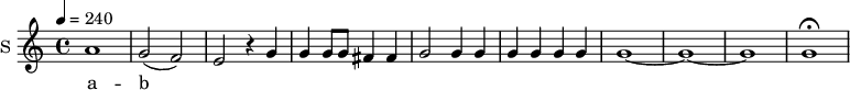 
\new Staff \with {
  midiInstrument = #"Flute"
  instrumentName = #"S "
  shortInstrumentName = #"S "
  } {
  \relative c'' {  
 \tempo 4 = 240
    a1
    g2 ( f) |
    e r4 g4 |
    g g8 g fis4 fis |
    g2 g4 g |
    g g g g|
    g1 ~ | g ~ g |
    g\fermata
  }  }
 \addlyrics { 
              a -- b
            }
