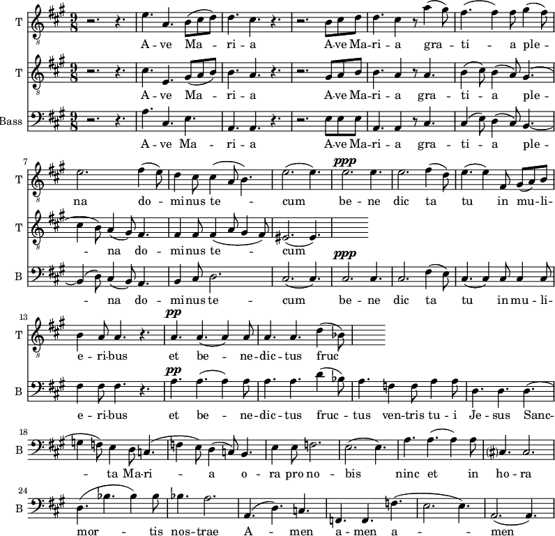 
<<

\new Staff \with {
  midiInstrument = "trumpet"
  shortInstrumentName = #"T "
  instrumentName = #"T "
  } {
  \relative c' {  
   \clef "treble_8"
   \time 9/8 \key a \major 
        r2. r4.
        e4. a,4. b8 (cis d)
        d4. cis4. r4.
        r2. b8 cis d
        d4. cis4 r8 a'4 (gis8)
        fis4. (fis4) fis8 gis4 (fis8)
        e2.   fis4 (e8)
        d4 cis8 cis4 ( a8 b4.)
        e2. (e4.)
        e2. ^\ppp e4.
        e2.  fis4 (d8)
        e4. (e4) fis,8 gis8 (a8) b8
        b4 a8 a4. r4.
        a4. ^\pp a4. (a4) a8
        a4. a4. d4 (bes8)
  }  }
 \addlyrics { 
             A -- ve Ma -- ri -- a 
             A -- ve Ma -- ri -- a 
            gra -- ti -- a ple -- na
              do -- mi -- nus te -- cum
               be -- ne dic ta tu in mu -- li -- e -- ri -- bus
              et be -- ne -- dic -- tus fruc -- tus ven -- tris tu -- i Je -- sus
              Sanc -- ta Ma -- ri -- a
              o -- ra pro no -- bis
              ninc et in ho -- ra mor -- tis nos -- trae  A -- men a -- men a -- men
            }

\new Staff \with {
  midiInstrument = "trumpet"
  shortInstrumentName = #"T "
  instrumentName = #"T "
  } {
  \relative c' {  
   \clef "treble_8"
   \time 9/8 \key a \major 
      r2. r4.
        cis4. e,4. gis8 (a b)
        b4. a4. r4.
        r2. gis8 a b
        b4. a4 r8 a4.
        b4 (cis8) b4 (a8) gis4.
        ( cis4 b8) a4 (gis8) fis4.
        fis4 fis8 fis4 (a8 gis4 fis8)
        eis2. ( eis4. )
  }  }
 \addlyrics { 
             A -- ve Ma -- ri -- a 
             A -- ve Ma -- ri -- a 
            gra -- ti -- a ple -- na
              do -- mi -- nus te -- cum
               be -- ne dic ta tu in mu -- li -- e -- ri -- bus
              et be -- ne -- dic -- tus fruc -- tus ven -- tris tu -- i Je -- sus
              Sanc -- ta Ma -- ri -- a
              o -- ra pro no -- bis
              ninc et in ho -- ra mor -- tis nos -- trae  A -- men a -- men a -- men
            }

\new Staff \with {
  midiInstrument = "voice oohs"
  shortInstrumentName = #"B "
  instrumentName = #"Bass "
  } {
  \clef bass \relative c' {  
   \time 9/8 \key a \major 
        r2. r4.
        a4. cis,4. e4. 
        a,4. a4. r4. 
        r2. e'8 e e
        a,4. a4 r8 cis4.
        cis4 (e8) d4 (cis8) b4.~
        b4 (d8) cis4 (b8) a4.
        b4 cis8 d2.
        cis2. (cis4.)
        cis2. ^\ppp  cis4.
        cis2. fis4 (e8)
        cis4. (cis4) cis8 cis4 cis8 
        fis4  fis8 fis 4. r4.
        a4. ^\pp a4. (a4) a8
        a4. a4. d4 (bes8)
        a4. f4 f8 a4 a8
        d,4. d4. d4.
        (g4 f8)  e4 d8 c4.
        (f4 e8) d4  (c8) b4.
        e4 e8 f2.
        e2. (e4.)
       a4. a4. (a4) a8
       cis,?4. cis2.
       d4. ( bes'4. bes4) bes8
       bes4. a2.
      a,4. ( d4.) c4.
      f,4. f4. f'4. 
      (e2. e4.)
      a,2. (a4.)
  }  }
 \addlyrics { 
              A -- ve Ma -- ri -- a 
              A -- ve Ma -- ri -- a 
              gra -- ti -- a ple -- na
              do -- mi -- nus te -- cum
               be -- ne dic ta tu in mu -- li -- e -- ri -- bus
              et be -- ne -- dic -- tus fruc -- tus ven -- tris tu -- i Je -- sus
              Sanc -- ta Ma -- ri -- a
              o -- ra pro no -- bis
              ninc et in ho -- ra mor -- tis nos -- trae  A -- men a -- men a -- men
            }
>>

