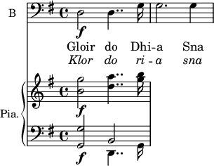 
<<
\new ChoirStaff <<
\new Staff \with {
  midiInstrument = "violin"
  shortInstrumentName = #"B "
  instrumentName = #"B "
  } {
  \clef bass \relative c {  
   \time 4/4 \key g \major
          d2\f d4..  g16
          g2. g4
  }  }
 \addlyrics { Gloir do Dhi --
              a Sna
            }
\addlyrics { \override LyricText.font-shape = #'italic
              Klor do ri --
              a sna
            }
 >>
\new PianoStaff \with { instrumentName = #"Pia." } <<
      \new Staff \relative c'' { 
      \set Staff.midiMaximumVolume = #0.5
        \key g \major  
        \time 4/4  <b g'>2\f <d a'>4..  <g b>16
       }
      \new Staff \relative c { 
      \set Staff.midiMaximumVolume = #0.5
        \clef bass
        \key g \major 
        <g g'>2\f << {b2} \\ {d,4.. g16} >>
       }

>>

>>
