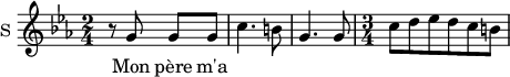 \new Staff \with {
midiInstrument = #"Flute"
instrumentName = #"S "
shortInstrumentName = #"S "
} {
\relative c'' {
\time 2/4 \key c \minor
r8 g g g
c4. b8
g4. g8
\time 3/4 c8 d ees d c b
} }
\addlyrics {
Mon père m'a
}