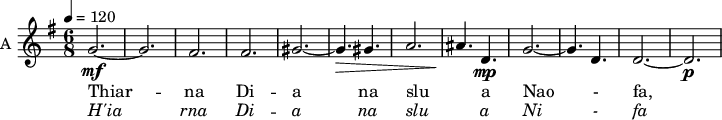 
<<
\new ChoirStaff <<
\new Staff \with {
   midiInstrument = "violin"
  shortInstrumentName = #"A "
  instrumentName = #"A "
 } 
  {                                    % soprano A
  \relative c'' { 
   \set Staff.midiMaximumVolume = #0.9
         \time 6/8 \key g \major 
        \tempo 4 = 120
         g2.~\mf
         g2.
         fis2.
         fis2.
         gis2.~
         gis4.\> gis
         a2.~      
         ais4.\! d,\mp
         g2.~
         g4. d
         d2.~
         d2.\p

         
 } 
}
 \addlyrics { 
              Thiar --
              na
              Di --
              a
              na
              slu
              a
              Nao -
              fa,

              
}
 \addlyrics { \override LyricText.font-shape = #'italic

              H'ia
              rna
              Di --
              a
              na
              slu
              a
              Ni -
              fa
}
>>
>>
