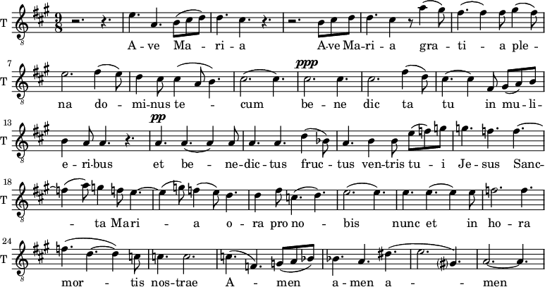 
\new Staff \with {
  midiInstrument = "trumpet"
  shortInstrumentName = #"T "
  instrumentName = #"T "
  } {
  \relative c' {  
   \clef "treble_8"
   \time 9/8 \key a \major 
        r2. r4.
        e4. a,4. b8 (cis d)
        d4. cis4. r4.
        r2. b8 cis d
        d4. cis4 r8 a'4 (gis8)
        fis4. (fis4) fis8 gis4 (fis8)
        e2.   fis4 (e8)
        d4 cis8 cis4 ( a8 b4.)
        cis2. (cis4.)
        cis2. ^\ppp cis4.
        cis2.  fis4 (d8)
        cis4. (cis4) fis,8 gis8 (a8) b8
        b4 a8 a4. r4.
        a4. ^\pp a4. (a4) a8
        a4. a4. d4 (bes8)

        a4. b4 b8 e8 (f) g
        g4. f4. f4.~ 
        f4 (a8) g4 f8 e4.~e4 (g8) f4 (e8) d4.
        d4 fis8 c4. (d4.) 
        e2. (e4.)
        e4. e4. (e4) e8
        f2. f4.
        f4. (d4.~ d4) c8
        c4. c2.
        c4. (f,4.) g8 (a bes)
        bes4. a4. dis4. 
       (e2. gis,?4.)
        a2.~ a4. 
  }  }
 \addlyrics { 
             A -- ve Ma -- ri -- a 
             A -- ve Ma -- ri -- a 
            gra -- ti -- a ple -- na
              do -- mi -- nus te -- cum
               be -- ne dic ta tu in mu -- li -- e -- ri -- bus
              et be -- ne -- dic -- tus fruc -- tus ven -- tris tu -- i Je -- sus
              Sanc -- ta Ma -- ri -- a
              o -- ra pro no -- bis
              nunc et in ho -- ra mor -- tis nos -- trae  A -- men a -- men a -- men
            }
