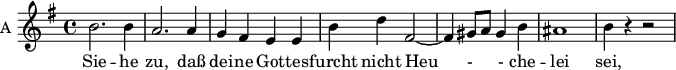 
<<
\new ChoirStaff <<


\new Staff \with {
  midiInstrument = "violin"
  shortInstrumentName = #"A "
  instrumentName = #"A "
  } {
  \relative c'' { 
   \time 4/4 \key g \major 
\set Score.currentBarNumber = #57
 \autoBeamOff 
       b2. b4
       a2. a4
       g4 fis e e
       b'4 d fis,2~
       fis4 gis8 [a] gis4 b
       ais1
       b4 r r2
  }  }
 \addlyrics { 

                Sie -- he zu, daß  dei -- ne Got -- tes -- furcht
              nicht Heu - -  che --  lei sei, 
             und die -- ne Gott 
             und die - - ne Gott 
            nicht mit fal -- schem Her -- zen! 
            }
>>
>>

