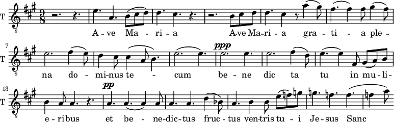 
\new Staff \with {
  midiInstrument = "trumpet"
  shortInstrumentName = #"T "
  instrumentName = #"T "
  } {
  \relative c' {  
   \clef "treble_8"
   \time 9/8 \key a \major 
        r2. r4.
        e4. a,4. b8 (cis d)
        d4. cis4. r4.
        r2. b8 cis d
        d4. cis4 r8 a'4 (gis8)
        fis4. (fis4) fis8 gis4 (fis8)
        e2.   fis4 (e8)
        d4 cis8 cis4 ( a8 b4.)
        e2. (e4.)
        e2. ^\ppp e4.
        e2.  fis4 (d8)
        e4. (e4) fis,8 gis8 (a8) b8
        b4 a8 a4. r4.
        a4. ^\pp a4. (a4) a8
        a4. a4. d4 (bes8)

        a4. b4 b8 e8 (f) g
        g4. f4. f4. 
        (f4 a8)
  }  }
 \addlyrics { 
             A -- ve Ma -- ri -- a 
             A -- ve Ma -- ri -- a 
            gra -- ti -- a ple -- na
              do -- mi -- nus te -- cum
               be -- ne dic ta tu in mu -- li -- e -- ri -- bus
              et be -- ne -- dic -- tus fruc -- tus ven -- tris tu -- i Je -- sus
              Sanc -- ta Ma -- ri -- a
              o -- ra pro no -- bis
              ninc et in ho -- ra mor -- tis nos -- trae  A -- men a -- men a -- men
            }
