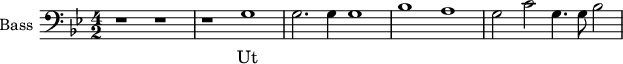 
\new Staff \with {
  midiInstrument = "voice oohs"
  shortInstrumentName = #"B "
  instrumentName = #"Bass "
  } {
  \clef bass \relative c' {  
   \time 4/2 \key g \minor 
        r1 r1
        r1 g
        g2. g4 g1
        bes1 a 
        g2 c g4. g8  bes2~
  }  }
 \addlyrics { 
              Ut
            }
