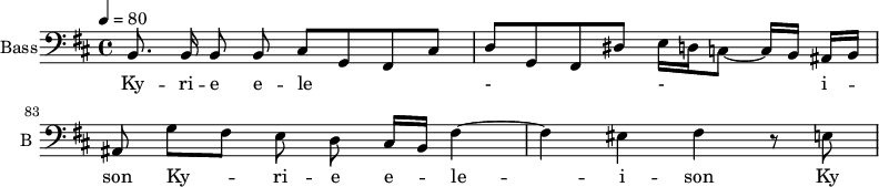 
\new Staff \with {
  midiInstrument = "violin"
  shortInstrumentName = #"B "
  instrumentName = #"Bass"
  } {
  \clef bass \relative c {  
  \set Score.currentBarNumber = #81
   \time 4/4 \key b \minor 
  \tempo 4=80
    \autoBeamOff 
         b8. b16 b8 b cis [g fis cis']
         d [g, fis dis']  e16 [d! c8~ ] c16 [b] ais [ b  ]
         ais8 g' [fis] e d8 cis16 [b] fis'4~
         fis4  eis fis r8 e
  }  }
 \addlyrics { 

              Ky -- ri -- e e -- le  - -  i -- son
              Ky -- ri -- e e -- le -- i -- son 
              Ky -- ri -- e e -- le -- i -- son 
         
            }

