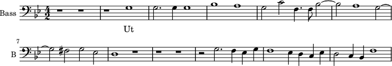 
\new Staff \with {
  midiInstrument = "voice oohs"
  shortInstrumentName = #"B "
  instrumentName = #"Bass "
  } {
  \clef bass \relative c' {  
   \time 4/2 \key g \minor 
        r1 r1
        r1 g
        g2. g4 g1
        bes1 a 
        g2 c f,4. f8  bes2~
        bes2 a1 g2~
        g2 fis2 g2 ees
        d1 r1
        r1 r1
        r2 g2. f4 ees g
        f1 ees4 d c ees
        d2 c4 bes f'1
  }  }
 \addlyrics { 
              Ut
            }
