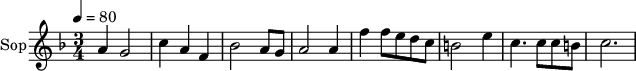 
\new Staff \with {
  midiInstrument = "choir aahs"
  instrumentName = #"Sop"
  shortInstrumentName = #"S"
  } {
  \relative c'' {  
   \tempo 4=80
   \time 3/4 \key f \major 
  a4 g2
  c4 a4 f4
  bes2 a8 g8
  a2 a4
  f'4 f8 e d c
  b2 e4
  c4. c8 c8 b
  c2. 
}}
