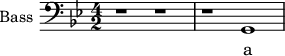 
\new Staff \with {
  midiInstrument = "voice oohs"
  shortInstrumentName = #"B "
  instrumentName = #"Bass "
  } {
  \clef bass \relative c {  
   \time 4/2 \key g \minor 
        r1 r1
        r1 g
  }  }
 \addlyrics { 
              a -- b
            }
