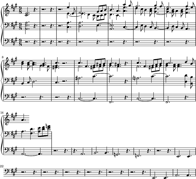 
<<
  \new PianoStaff <<
     \new Staff ="up" \with {
  midiInstrument = "church organ"
  }  \relative c' {
       \key a \major  \time 9/8
       <cis e>2. r4.
          r2. r4.
          r2. << { e'4 e,8 fis2. gis8 a b b4. a4. a'4 gis8}  
              \\ { e,4.~ e4. d4 cis8 b cis d d4. cis4. <a' e'>4.} >>
          << { fis'2. gis4 fis8
               e2. fis4 e8
             }
          \\
             { d4 cis8 b4 <a cis>8 <gis d'>4.~
               <gis cis>4~ <gis b>8 a4 <gis b>8 <fis cis'>4.
             } >>
           <b d>4 <a cis>8~ <a cis>4. 
        << { <gis b> 4. cis4.} \\ { gis4 fis8 <eis gis>4. } >> r2.
        << { cis'4. fis,4. gis8 ais b      b4. ais4. } \\ { fis2. eis8 fis gis      gis4.   fis4.  } >> r4.
        << { cis'4. fis,4. gis8 a b      cis2. d4 b8 } \\ { fis2. eis8 fis gis      <gis b>4  <fis a>8 <fis a>4.  } >>
        a4.
     }

     \new Staff = "down" \with {
  midiInstrument = "church organ"
  } \relative c {
        \clef bass
       \key a \major  \time 9/8 
          <a e' a>2. r4.
          r2. r4.
          r2. <cis a'>4.
          <d a'>2. e4.~ 
          <a, e'>2. cis4.~
          cis4 e8 d4 cis8 b4.~ 
          b4 d8 cis4 b8 a4.
          b4 cis8 d2.
          cis4. r2.
          ais'2. cis4.~ 
          cis2.  r4.
          a?2. cis4.~
          cis2. <d, d'>4 <b b'>8 
          a'4. < fis d'>4. <a e'>8  <d fis> <e g>  
     }
     \new Staff \with {
  midiInstrument = "church organ"
  } \relative c {
        \clef bass
       \key a \major  \time 9/8 
      r2. r4.
      r2. r4.
     r2. r4.
      r2. r4.
      r2. r4.
      r2. r4.
     r2. r4.
      r2. r4.
      r2. r4.
      cis2.~ cis4. 
     fis,2. r4.
     cis'2.~ cis4. 
     fis,2. r4.
     a2.~ a4.
      r2. r4.
     r4. a2.
     b2. b4.
     g2. r4.
     f2. r4.
     r2. r4.
      e2. e4.
     r2. r4.
      r2. r4.
      r2. r4.
     r2. r4.
      r2. r4.
      r2. r4.
      e2. e4.  
      a2. a4.  
 }
 >>
>>
