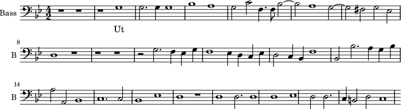 
\new Staff \with {
  midiInstrument = "voice oohs"
  shortInstrumentName = #"B "
  instrumentName = #"Bass "
  } {
  \clef bass \relative c' {  
   \time 4/2 \key g \minor 
        r1 r1
        r1 g
        g2. g4 g1
        bes1 a 
        g2 c f,4. f8  bes2~
        bes2 a1 g2~
        g2 fis2 g2 ees
        d1 r1
        r1 r1
        r2 g2. f4 ees g
        f1 ees4 d c ees
        d2 c4 bes f'1
        bes,2 bes'2. a4 g4 bes4
        a2 a,2 bes1
        c1. c2
        bes1 ees
        d1 r1
        d1 d2. d1
        d1 ees1
        d2 d2. c4
        b2 d2 c1
  }  }
 \addlyrics { 
              Ut
            }

