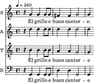 
<<
\new Staff \with {
  midiInstrument = #"Flute"
  instrumentName = #"S "
  shortInstrumentName = #"S "
  } {
  \relative c'' {  
 \tempo 4 = 240
    r4 g4 |
    g g8 g fis4 fis |
    g2 g4 
  }  }
 \addlyrics { 
               
    El gril -- lo e buon can -- tor -- e.
            }

\new Staff \with {
  midiInstrument = #"violin"
  instrumentName = #"A "
  shortInstrumentName = #"A "
  } {
  \relative c' {  
 \tempo 4 = 240
   r4 d'4|
    d d8 d d4 d |
    d2 d4 

  }  }

\new Staff \with {
  midiInstrument = #"violin"
  instrumentName = #"T "
  shortInstrumentName = #"T "
  } {
  \relative c' {  
 \tempo 4 = 240
  \clef "G_8"
   r4 b4 |
    b b8 b a4 a |
    g2 g4 
  }  }
 \addlyrics { 
               
    El gril -- lo e buon can -- tor -- e 
            }
\new Staff \with {
  midiInstrument = #"cello"
  instrumentName = #"B "
  shortInstrumentName = #"B "
  } {
  \relative c {  
 \tempo 4 = 240
  \clef "F"
    r4 g4 |
    g g8 g d'4 d |
    g,2 g4 
  }  }
 \addlyrics { 
              
    El gril -- lo e buon can -- tor -- e 
            }
>>

