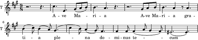
\new Staff \with {
  midiInstrument = "trumpet"
  shortInstrumentName = #"T "
  instrumentName = #"T "
  } {
  \relative c' {  
   \clef "treble_8"
   \time 9/8 \key a \major 
        r2. r4.
        cis4. e,4. gis8 (a b)
        b4. a4. r4.
        r2. gis8 a b
        b4. a4 r8 a4.
        b4 (cis8) b4 (a8) gis4.
        ( cis4 b8) a4 (gis8) fis4.
        fis4 fis8 fis4 (a8 gis4 fis8)
        eis2. ( eis4. )
  }  }
 \addlyrics { 
             A -- ve Ma -- ri -- a 
             A -- ve Ma -- ri -- a 
            gra -- ti -- a ple -- na
              do -- mi -- nus te -- cum
               be -- ne dic ta tu in mu -- li -- e -- ri -- bus
              et be -- ne -- dic -- tus fruc -- tus ven -- tris tu -- i Je -- sus
              Sanc -- ta Ma -- ri -- a
              o -- ra pro no -- bis
              ninc et in ho -- ra mor -- tis nos -- trae  A -- men a -- men a -- men
            }
