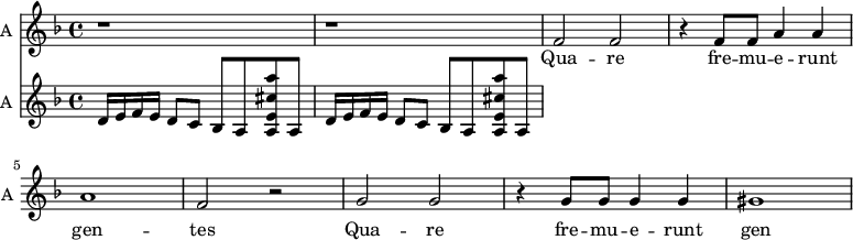 
<<
\new Staff \with {
  midiInstrument = "organ"
  instrumentName = #"A "
  shortInstrumentName = #"A "
  } {
  \relative c' {  
   \time 4/4 \key f \major 
        r1 r
        f2 f2
        r4 f8 f a4 a
        a1
        f2 r
        g2 g
        r4 g8 g g4 g
        gis1
         
  }  }
 \addlyrics { 
              Qua -- re fre --  mu -- e -- runt gen -- tes
             Qua -- re fre --  mu -- e -- runt gen -- tes
             Qua -- re fre --  mu -- e -- runt gen -- tes
             fre --  mu -- e -- runt gen -- tes
             Qua -- re fre --  mu -- e -- runt gen - - - tes
             et po -- pu --li me -- di  ta -- ti sunt in -- a -- ni -- a
             Qua -- re fre --  mu -- e -- runt gen -- tes
             et po -- pu --li me -- di  ta -- ti sunt in -- a -- ni -- a
               Qua -- re     Qua -- re 
            }

\new Staff \with {
  midiInstrument = "string ensemble 1"
  instrumentName = #"A "
  shortInstrumentName = #"A "
  } {
  \relative c' {  
   \time 4/4 \key f \major 
        d16 [e f e] d8 [c]  bes a <a e' cis' a'> a
        d16 [e f e] d8 [c]  bes a <a e' cis' a'> a
         
  }  }
>>
