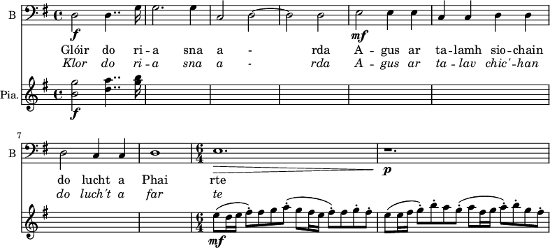 
<<
\new ChoirStaff <<
\new Staff \with {
  midiInstrument = "violin"
  shortInstrumentName = #"B "
  instrumentName = #"B "
  } {
  \clef bass \relative c {  
   \time 4/4 \key g \major
          d2\f d4..  g16
          g2. g4
          c,2 d2~ 
          d d
          e2\mf e4 e           %5
          c4 c d d
          d2 c4 c
          d1
          \time 6/4 e1.\>   
          r1.\!\p 
          }
 \addlyrics { Glóir do ri --
              a sna
              a -
              rda
              A -- gus ar
              ta -- lamh  sio -- chain 
              do lucht a
              Phai
              rte
   }
\addlyrics { \override LyricText.font-shape = #'italic
              Klor do ri --
              a sna
              a - 
              rda
              A -- gus ar
              ta -- lav  chic' -- han 
              do luch't a
              far
              te
}

}
>>
\new ChoirStaff <<
    \new PianoStaff \with { instrumentName = #"Pia." } <<
      \new Staff \relative c'' { 
        \key g \major  
        \time 4/4  <b g'>2\f <d a'>4..  <g b>16
        s1 s s s s s s 
        \time 6/4 e8\mf ( d16 e fis8\staccato ) fis g a\staccato ( g fis16 e fis8\staccato ) fis g\staccato fis\staccato
        e ( e16 fis g8\staccato ) b\staccato a g\staccato ( a fis16 g a8\staccato ) b\staccato g fis\staccato                      %10
      }
>>
>>
>>
