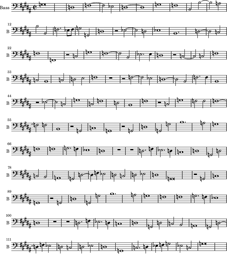 
\new Staff \with {
  midiInstrument = "trumpet"
  shortInstrumentName = #"B "
  instrumentName = #"Bass "
  } {

\relative c
	{
        \key b \major
	\time 2/2
        \clef "bass" 
	g'\breve
	d1 f~
	f2 es d1~
	d1 g
	f1 b,2 b'~
	b2 a b b,
	f'2. es8 f g2 g,
	d'1 r2 es~
	es2 d es1
	b1. d2~
	d2 c f1
	f,1 r2 c'
	g'1 f~
	f2 b, es2. es4
	d1 r2 c~
	c2 c f1
	c2 b1 c2
	d2 e f1
	r1 r2 f~
	f2 es d1~
	d2 b f'2. f4
	b,1 r2 es~
	es2 c g'1
	c,2 f1 d2
	b1 f' 
	r2 c g'1
	f2 f f1~
	f2 f b,1
	r2 g c1
	g1 r2 g2
	d'1 g,2 g'
	b1. a2
	g1 f
	f1 g2. f4
	es1 d
	R\breve
	d2. f4 es2. d4
	c1 d
	g,2 d' c b
	a1 g2 d'~
	d4 f es2 d c
	d2 es d1
	g,\breve
	r2 g c1
	g1 r2 g2
	d'1 g,2 g'
	b1. a2
	g1 f
	f1 g2. f4
	es1 d
	R\breve
	d2. f4 es2. d4
	c1 d
	g,2 d' c b
	a1 g2 d'~
	d4 f es2 d c
	d2 es d1
	g,1 c2. d4
	es4 f g2 es c
	g'\breve
	}
}
