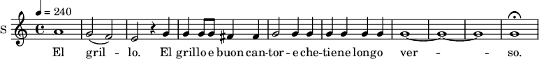 
\new Staff \with {
  midiInstrument = #"Flute"
  instrumentName = #"S "
  shortInstrumentName = #"S "
  } {
  \relative c'' {  
 \tempo 4 = 240
    a1
    g2 ( f) |
    e r4 g4 |
    g g8 g fis4 fis |
    g2 g4 g |
    g g g g|
    g1 ~ | g ~ g |
    g\fermata
  }  }
 \addlyrics { 
               El gril -- lo.
    El gril -- lo e buon can -- tor -- e che -- tie -- ne long -- o ver -- so.
            }
