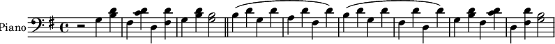 
\new Staff \with {
  midiInstrument = #"Piano"
  instrumentName = #"Piano"
  shortInstrumentName = #"C "
  } {
  \clef bass\relative c' {  
   \time 4/4 \key g \major
    r2
    g4 <b d>
    fis <c' d>
    d, <fis d'>
    g <b d>
    <g b>2 \bar "||"
    b4 (d
    g, d'
    a d
    fis, d')
    b (d
    g, d'
    fis, d'
    d, d')
    g,4 <b d>
    fis <c' d>
    d, <fis d'>
    <g b>2
}  }
