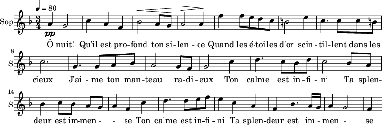 
\new Staff \with {
  midiInstrument = "choir aahs"
  instrumentName = #"Sop"
  shortInstrumentName = #"S"
  } {
  \relative c'' {  
   \tempo 4=80
   \time 3/4 \key f \major 
  a4 \pp g2
  c4 a4 f4
  bes2 ^\< a8 g8 ^\!
  a2 ^\>  a4 ^\!
  f'4 f8 e d c
  b2 e4
  c4. c8 c8 b
  c2. 

  g4. g8 a8 bes8
   a2 g8 f8
  g2 c4
  d4. c8 bes8 d8
  c2 bes8 a8
  bes4 c8 [bes8] a8 g8
  a4 f4   c'4
  d4. d8 e8 f8
  e4 c4 a4
  f4 bes4. a16 g16
  a4 g2
  f4

}}
 \addlyrics { 
Ô nuit! Qu'il est pro -- fond ton si -- len -- ce
Quand les é -- toi -- les d'or scin -- til -- lent dans les cieux
J'ai -- me ton man -- teau ra -- di -- eux
Ton calme est in -- fi -- ni
Ta splen -- deur est im -- men - - se
Ton calme est in -- fi -- ni
Ta splen -- deur est im - men - se
}
