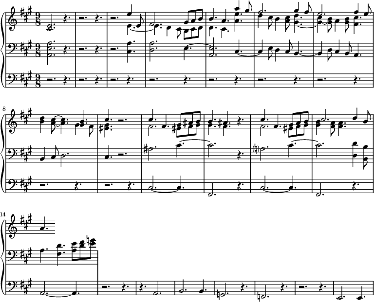 
<<
  \new PianoStaff <<
     \new Staff ="up" \with {
  midiInstrument = "church organ"
  }  \relative c' {
       \key a \major  \time 9/8
       <cis e>2. r4.
          r2. r4.
          r2. << { e'4 e,8 fis2. gis8 a b b4. a4. a'4 gis8}  
              \\ { e,4.~ e4. d4 cis8 b cis d d4. cis4. <a' e'>4.} >>
          << { fis'2. gis4 fis8
               e2. fis4 e8
             }
          \\
             { d4 cis8 b4 <a cis>8 <gis d'>4.~
               <gis cis>4~ <gis b>8 a4 <gis b>8 <fis cis'>4.
             } >>
           <b d>4 <a cis>8~ <a cis>4. 
        << { <gis b> 4. cis4.} \\ { gis4 fis8 <eis gis>4. } >> r2.
        << { cis'4. fis,4. gis8 ais b      b4. ais4. } \\ { fis2. eis8 fis gis      gis4.   fis4.  } >> r4.
        << { cis'4. fis,4. gis8 a b      cis2. d4 b8 } \\ { fis2. eis8 fis gis      <gis b>4  <fis a>8 <fis a>4.  } >>
        a4.
     }

     \new Staff = "down" \with {
  midiInstrument = "church organ"
  } \relative c {
        \clef bass
       \key a \major  \time 9/8 
          <a e' a>2. r4.
          r2. r4.
          r2. <cis a'>4.
          <d a'>2. e4.~ 
          <a, e'>2. cis4.~
          cis4 e8 d4 cis8 b4.~ 
          b4 d8 cis4 b8 a4.
          b4 cis8 d2.
          cis4. r2.
          ais'2. cis4.~ 
          cis2.  r4.
          a?2. cis4.~
          cis2. <d, d'>4 <b b'>8 
          a'4. < fis d'>4. <a e'>8  <d fis> <e g>  
     }
     \new Staff \with {
  midiInstrument = "church organ"
  } \relative c {
        \clef bass
       \key a \major  \time 9/8 
      r2. r4.
      r2. r4.
     r2. r4.
      r2. r4.
      r2. r4.
      r2. r4.
     r2. r4.
      r2. r4.
      r2. r4.
      cis2.~ cis4. 
     fis,2. r4.
     cis'2.~ cis4. 
     fis,2. r4.
     a2.~ a4.
      r2. r4.
     r4. a2.
     b2. b4.
     g2. r4.
     f2. r4.
     r2. r4.
      e2. e4.
 }
 >>
>>
