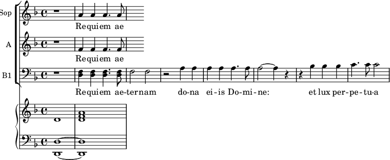 <<
\new ChoirStaff
<<
\new Staff \with {
midiInstrument = #"Flute"
instrumentName = #"Sop "
shortInstrumentName = #"S "
} {
\relative c'' {
\time 4/4 \key f \major
r1
a4 a4 a4. a8
} }
\addlyrics {
Re -- qui -- em ae -- ter -- nam
}
\new Staff \with {
midiInstrument = "choir aahs"
instrumentName = #"A "
shortInstrumentName = #"A "
} {
\relative c' {
\time 4/4 \key f \major
r1
f4 f f4. f8
} }
\addlyrics {
Re -- qui -- em ae -- ter -- nam
}
\new Staff \with {
midiInstrument = "cello"
shortInstrumentName = #"B "
instrumentName = #"B1 "
} {
\clef bass \relative c {
\time 4/4 \key f \major
r1
<d f>4 <d f> <d f>4. <d f>8
f2 f2
r2 a4 a4
a4 a4 a4. a8
a2~ a4 r4
r4 bes4 bes bes
c4. c8 c2
} }
\addlyrics {
Re -- qui -- em ae -- ter -- nam
do -- na ei -- is Do -- mi -- ne:
et lux per -- pe -- tu -- a
}
>>
\new PianoStaff <<
\new Staff \with {
midiInstrument = "church organ"
} \relative c' {
\key f \major \time 4/4
d1 <d f a>1
}
\new Staff \with {
midiInstrument = "church organ"
} \relative c {
\clef bass
\key f \major \time 4/4
<d, d'>1~ <d d'>1
}
>>
>>