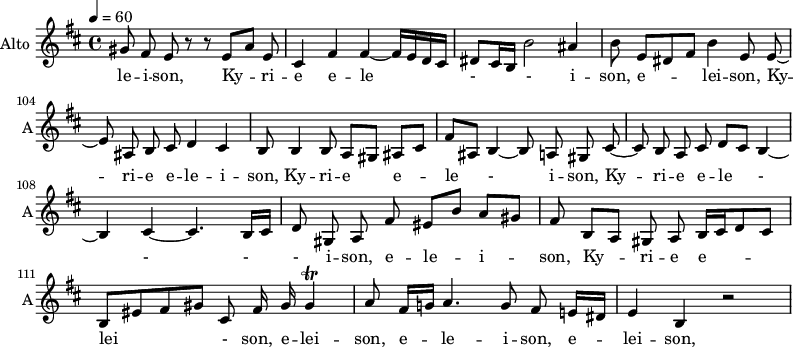 
\new Staff \with {
  midiInstrument = #"violin"
  instrumentName = #"Alto "
  shortInstrumentName = #"A"
  } {
   \relative c'' {  
   \time 4/4 \key b \minor 
  \set Score.currentBarNumber = #100
    \tempo 4=60
       \autoBeamOff gis8 fis e r8 r8 e [a] e
        cis4 fis fis~ fis16 [e d cis]
        dis8 [cis16 b] b'2 ais4
        b8 e, [dis fis] b4 e,8 e8~
        e8 ais, b cis d4 cis
        b8 b4 b8 a [gis] ais [cis]
        fis [ais,] b4~ b8 a! gis cis~
        cis b a cis d [cis] b4~ 
        b4 cis4~ cis4. b16[cis]
        d8 gis, a fis' eis [b'] a [gis]
        fis8 b,8 [a] gis a b16 [cis d8 cis]
        b8 [eis fis gis] cis, fis16 gis gis4\trill
        a8 fis16 [g!] a4. g8 fis e!16 [dis]
        e4 b r2
  }  }
 \addlyrics { 
              le -- i -- son, 
               Ky -- ri -- e e -- le - - i -- son,
               e -- lei -- son,
               Ky -- ri -- e e -- le -- i -- son,
               Ky -- ri -- e e -- le - i -- son,
               Ky -- ri -- e e -- le - - - - i -- son,
               e -- le -- i -- son,
               Ky -- ri -- e e -- lei - son,
               e -- lei -- son,
               e -- le -- i -- son,
               e -- lei -- son,
            }

