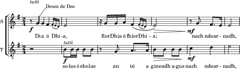 
\new ChoirStaff <<

\new Staff \with {
  midiInstrument = #"Flute"
  instrumentName = #"S "
  shortInstrumentName = #"S "
  \consists "Balloon_engraver" 
  } {
  \relative c'' { 
   \time 2/4 \key g \major 
        r8\f^\markup{ \italic tutti} 
            \balloonGrobText #'Stem #'(3 . 4) \markup { "Deum de Deo" }
             g16 g \afterGrace fis4  {fis16 (e  d) }
        e2
        r16 g g a \afterGrace fis4\( {fis16 (e  d) }
        e2\)\> 
        r8\!\mf g fis8. e16
        e2\>



  }  }
 \addlyrics { 
              Di -- a \set includeGraceNotes = ##t   ó Dhi -- a,
              fíor -- Dhia ó fhíor -- Dhi -- a;  

              nach 
              ndear - nadh, a -- gus a -- tá  d’aon
              subs -- taint leis an A -- thair;  is tríd a rin -- neadh an ui -- le ní. 
            }

\new Staff \with {
  midiInstrument = "trumpet"
  shortInstrumentName = #"T "
  instrumentName = #"T "
  } {
  \relative c { 
   \clef "treble_8"
   \time 2/4 \key g \major 
        r2
        b'8\f^\markup{ \italic tutti} b16 b b8 b
        r8 g a8. a16
        b8\> b   b b\!
        c4\mf d
        e2\>



  }  }
 \addlyrics { 
 
              so -- las ó sho -- las
              an  té a gin -- eadh a -- gus nach 
              ndear -- nadh, a -- gus a -- tá 
              m __ _ _ _ _ _ _ _
            }




 >>

