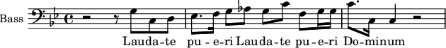 
\new Staff \with {
  midiInstrument = "cello"
  shortInstrumentName = #"B "
  instrumentName = #"Bass "
  } {
  \clef bass \relative c' {  
   \time 4/4 \key g \minor 
        r2 r8 g c, d
        ees8. f16 g8 aes g c f, g16 g
        c8. c,16 c4 r2
  }  }
 \addlyrics { 
              Lau -- da -- te
              pu -- e -- ri 
             Lau -- da -- te
              pu -- e -- ri 
              Do -- mi -- num
            }
