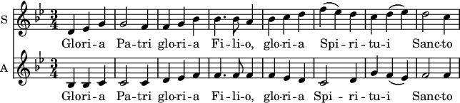 
<<
\new Staff \with {
  midiInstrument = "flute"
  instrumentName = #"S "
  shortInstrumentName = #"S "
  } {
  \relative c' {  
   \time 3/4  \key bes \major 
    d4 ees g
    g2 f4
    f4 g bes
    bes4. bes8 a4
    bes4 c d
    f4 (ees) d
    c4 d (ees)
    d2 c4
}}
 \addlyrics { 

             Glo -- ri -- a  Pa -- tri 
               glo -- ri -- a  Fi -- li -- o,
               glo -- ri -- a Spi -- ri -- tu -- i  Sanc -- to
}
\new Staff \with {
  midiInstrument = "clarinet"
  instrumentName = #"A "
  shortInstrumentName = #"A "
  } {
  \relative c' {  
   \time 3/4  \key bes \major 
    bes4 bes c
    c2 c4
    d4 ees f
    f4. f8 f4
    f4 ees d
    c2 d4
    g4 f (ees)
    f2 f4
}}
 \addlyrics { 

             Glo -- ri -- a  Pa -- tri 
               glo -- ri -- a  Fi -- li -- o,
               glo -- ri -- a Spi -- ri -- tu -- i  Sanc -- to
}
>>
