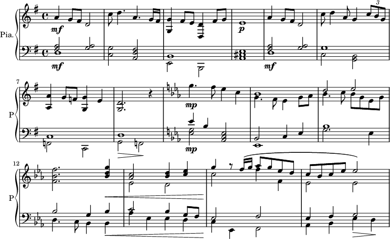 
<<
    \new PianoStaff  \with { instrumentName = #"Pia." shortInstrumentName = #"P"} 
    <<
        \set PianoStaff.connectArpeggios = ##t
      \new Staff ="up" \relative c'' { 
        \time 4/4 \key g \major 
         a4\mf g8 fis d2
         c'8 d4. a g16 fis
         <g, g'>4 fis'8 e 
         <d, d'>4 fis'8 g
         e1\p 
         a4 g8 fis d2
         c'8 d4 a8 g4 \tuplet 3/2 { c8 b g }
         <a, a'>4 g'8 f <g, g'>4 e'
         <g, d'>2. r4
      \key c \minor
         g''4.\mp f8 ees4  c  
         << { bes1} \\ { g4. f8 ees4 g8 aes } >>  
         << { d2 ees } \\ {bes4. c8 bes  g ees g} >>
         <f bes f'>2. 
            <<  {
                  <bes d g>4
                  <aes c>2 <bes d>4 <c ees>
                  g'4  r8 f16\( g aes8 g ees d
                  c8 bes c ees  ees2\)
                } \\ {
                  s4\<
                  ees,2  d
                  c'2\!  f4 f,
                  ees2 ees
                } >>

      }
      \new Staff \relative c { 
        \clef bass
        \key g \major 
        << { <fis a>2\mf <g a> }  \\ { d1} >>
        <c g'>2 <a d fis>
        << { b1} \\ { e,2 b } >>
        <a' cis e>1
        << { <fis' a>2\mf <g a> } \\ { d1} >>
        << { g1 } \\ { c,2 <g b> } >>
        << { c1 } \\ {f,2 c } >>
        << { d'1 } \\ {g,2\> f\! } >>
      \key c \minor
        << { ees''4\mp bes } \\ { < ees, g >2 } >> <aes, c ees>2 
        << {bes2 c4 ees } \\ { ees,1} >>
        << {
                bes''1
                bes2 g4 bes\<
                c2 bes4 g8 f
                ees2\! f2
                ees4 f g2 
           } \\ {
                g2. ees4
                d4. c8 bes4 bes
                aes'4 ees ees d 
                c  ees, f2
                aes4 bes ees\> d\!
                
           } >> 
       } 
    >>

>>
