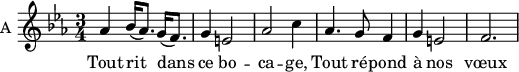 
\new Staff \with {
  midiInstrument = #"violin"
  instrumentName = #"A "
  shortInstrumentName = #"A "
  } {
  \relative c'' {  
     \time 3/4 \key c \minor  
        aes4 bes16 (aes8.) g16 (f8.)
        g4 e2

        aes2 c4
        aes4. g8 f4
        g4 e2
        f2.
  }  }
 \addlyrics { 
            Tout rit dans ce bo -- ca -- ge,
            Tout ré -- pond à nos vœux
            }
