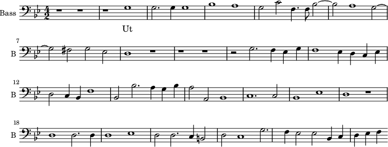 
\new Staff \with {
  midiInstrument = "voice oohs"
  shortInstrumentName = #"B "
  instrumentName = #"Bass "
  } {
  \clef bass \relative c' {  
   \time 4/2 \key g \minor 
        r1 r1
        r1 g
        g2. g4 g1
        bes1 a 
        g2 c f,4. f8  bes2~
        bes2 a1 g2~
        g2 fis2 g2 ees
        d1 r1
        r1 r1
        r2 g2. f4 ees g
        f1 ees4 d c ees
        d2 c4 bes f'1
        bes,2 bes'2. a4 g4 bes4
        a2 a,2 bes1
        c1. c2
        bes1 ees
        d1 r1
        d1 d2. d4
        d1 ees1
        d2 d2. c4
        b2 d2 c1
        g'2. f4 ees2 ees
        bes4 c d ees f4
  }  }
 \addlyrics { 
              Ut
            }
