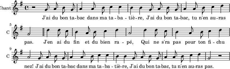 
\new ChoirStaff
\new Staff \with {
  midiInstrument = #"Flute"
  instrumentName = #"Chant"
  shortInstrumentName = #"C "
  } {
  \relative c'' {  
   \time 4/4 \key g \major 
    \autoBeamOff
        r2
        g8 a8 b8 g8
        a4 a8 b8 c4 c4 
        b4 b4 g8 a8 b8 g8
        a4 a8 b8 c4 d4 \break
        g,2 \bar "||" d'4 d8 c8
        b4 a8 b8 c4 d4
        a2 d4 d8 c8
        b4 a8 b8 c4 d4 \break
        a2 g8 a8 b8 g8
        a4 a8 b8 c4 c4
        b4 b4 g8 a8 b8 g8
        a4 a8 b8 c4 d4 
        g,2 r2             
  }  } 
\addlyrics { 
              J'ai du bon ta -- bac dans ma ta -- ba -- tiè -- re,
              J'ai du bon ta -- bac, tu n'en au -- ras pas.
              J'en ai du fin et du bien ra -- pé, 
              Qui ne s'ra pas pour ton fi -- chu nez! 
              J'ai du bon ta -- bac dans ma ta -- ba -- tiè -- re,
              J'ai du bon ta -- bac, tu n'en au -- ras pas.
            }
