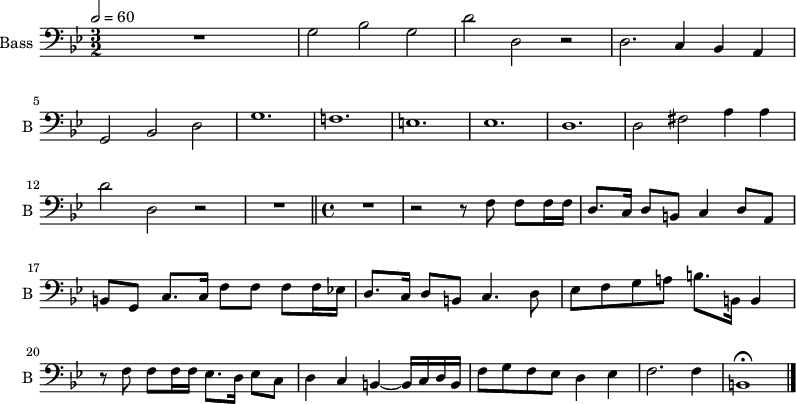 
\new Staff \with {
  midiInstrument = "cello"
  shortInstrumentName = #"B "
  instrumentName = #"Bass "
  } {
  \clef bass \relative c' {  
   \time 3/2 \key g \minor 
   \tempo 2=60
 R1.
   g2 bes g
    d' d, r
    d2. c4 bes a
    g2 bes d %5
    g1.
    f!
    e
    es
    d %10
    d2 fis a4 a
    d2 d, r \noBreak
    R1.\fermata \bar "||"
    \time 4/4 
      R1 \noBreak
    r2 r8 f f f16 f %15
    d8. c16 d8 b c4 d8[ a]
    b[ g] c8. c16 f8 f f f16 es!
    d8. c16 d8 b c4. d8
    es8[ f g a!] b8. b,16 b4
    r8 f' f f16 f es8. d16 es8 c %20
    d4 c b~ b16[ c d b]
    f'8[ g f es] d4 es
    f2. f4
    b,1\fermata \bar "|." %24 finis
  }  }
 \addlyrics { 

            }
