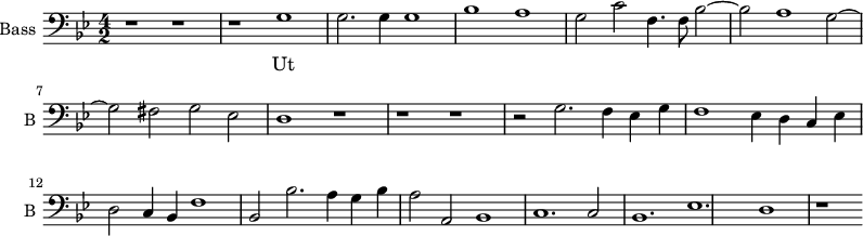 
\new Staff \with {
  midiInstrument = "voice oohs"
  shortInstrumentName = #"B "
  instrumentName = #"Bass "
  } {
  \clef bass \relative c' {  
   \time 4/2 \key g \minor 
        r1 r1
        r1 g
        g2. g4 g1
        bes1 a 
        g2 c f,4. f8  bes2~
        bes2 a1 g2~
        g2 fis2 g2 ees
        d1 r1
        r1 r1
        r2 g2. f4 ees g
        f1 ees4 d c ees
        d2 c4 bes f'1
        bes,2 bes'2. a4 g4 bes4
        a2 a,2 bes1
        c1. c2
        bes1. ees
        d1 r1
  }  }
 \addlyrics { 
              Ut
            }

