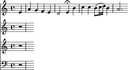 
<<
\new Staff
\relative c'' { \time 4/4 \key c \major 
  \partial 4 e,4
	a4 g f e
	d2 e4\fermata b'
	c4 c b8( c16 d) b4
	a2.
}
\new Staff
\relative c'' { \time 4/4 \key c \major 
  r2
}
\new Staff
\relative c'' { \time 4/4 \key c \major 
  r2
}
\new Staff
\relative c'' { \clef bass \time 4/4 \key c \major 
  r2
}
>>
