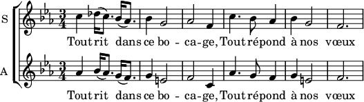 
  \new ChoirStaff  {
		<<
\new Staff \with {
  midiInstrument = #"violin"
  instrumentName = #"S "
  shortInstrumentName = #"S "
  } {
  \relative c'' {  
     \time 3/4 \key c \minor  
        c4 des16 (c8.) bes16 (aes8.)
        bes4 g2

        aes2 f4
        c'4. bes8 aes4
        bes4 g2
        f2.
  }  }
 \addlyrics { 
            Tout rit dans ce bo -- ca -- ge,
            Tout ré -- pond à nos vœux
            }

\new Staff \with {
  midiInstrument = #"violin"
  instrumentName = #"A "
  shortInstrumentName = #"A "
  } {
  \relative c'' {  
     \time 3/4 \key c \minor  
        aes4 bes16 (aes8.) g16 (f8.)
        g4 e2

        f2 c4
        aes'4. g8 f4
        g4 e2
        f2.
  }  }
 \addlyrics { 
            Tout rit dans ce bo -- ca -- ge,
            Tout ré -- pond à nos vœux
            }


                >>
}
