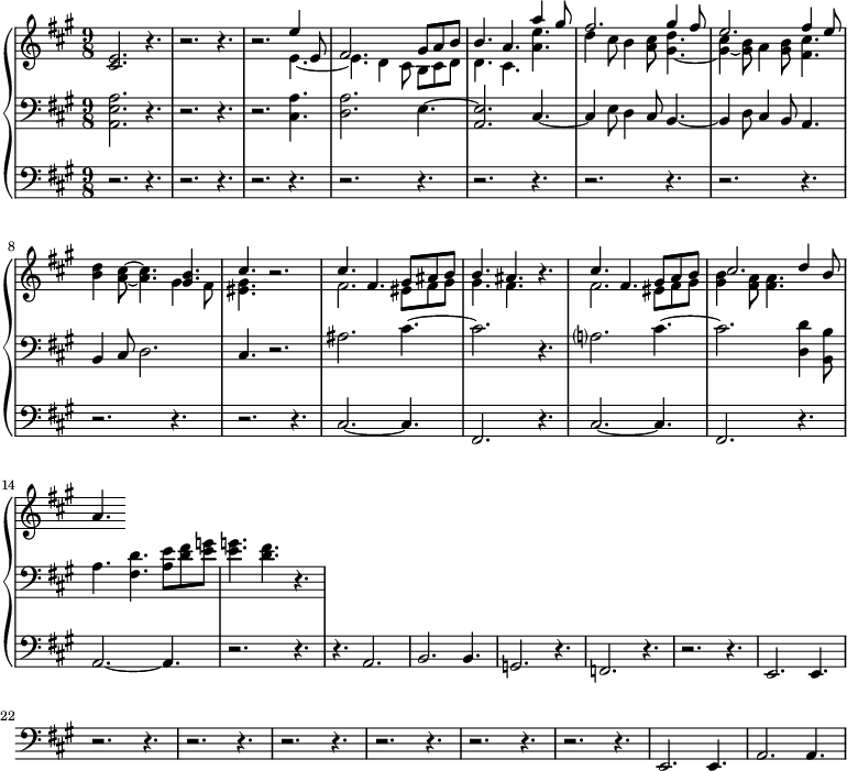 
<<
  \new PianoStaff <<
     \new Staff ="up" \with {
  midiInstrument = "church organ"
  }  \relative c' {
       \key a \major  \time 9/8
       <cis e>2. r4.
          r2. r4.
          r2. << { e'4 e,8 fis2. gis8 a b b4. a4. a'4 gis8}  
              \\ { e,4.~ e4. d4 cis8 b cis d d4. cis4. <a' e'>4.} >>
          << { fis'2. gis4 fis8
               e2. fis4 e8
             }
          \\
             { d4 cis8 b4 <a cis>8 <gis d'>4.~
               <gis cis>4~ <gis b>8 a4 <gis b>8 <fis cis'>4.
             } >>
           <b d>4 <a cis>8~ <a cis>4. 
        << { <gis b> 4. cis4.} \\ { gis4 fis8 <eis gis>4. } >> r2.
        << { cis'4. fis,4. gis8 ais b      b4. ais4. } \\ { fis2. eis8 fis gis      gis4.   fis4.  } >> r4.
        << { cis'4. fis,4. gis8 a b      cis2. d4 b8 } \\ { fis2. eis8 fis gis      <gis b>4  <fis a>8 <fis a>4.  } >>
        a4.
     }

     \new Staff = "down" \with {
  midiInstrument = "church organ"
  } \relative c {
        \clef bass
       \key a \major  \time 9/8 
          <a e' a>2. r4.
          r2. r4.
          r2. <cis a'>4.
          <d a'>2. e4.~ 
          <a, e'>2. cis4.~
          cis4 e8 d4 cis8 b4.~ 
          b4 d8 cis4 b8 a4.
          b4 cis8 d2.
          cis4. r2.
          ais'2. cis4.~ 
          cis2.  r4.
          a?2. cis4.~
          cis2. <d, d'>4 <b b'>8 
          a'4. < fis d'>4. <a e'>8  <d fis> <e g>  
          <e g>4. <d fis>4. r4.
     }
     \new Staff \with {
  midiInstrument = "church organ"
  } \relative c {
        \clef bass
       \key a \major  \time 9/8 
      r2. r4.
      r2. r4.
     r2. r4.
      r2. r4.
      r2. r4.
      r2. r4.
     r2. r4.
      r2. r4.
      r2. r4.
      cis2.~ cis4. 
     fis,2. r4.
     cis'2.~ cis4. 
     fis,2. r4.
     a2.~ a4.
      r2. r4.
     r4. a2.
     b2. b4.
     g2. r4.
     f2. r4.
     r2. r4.
      e2. e4.
     r2. r4.
      r2. r4.
      r2. r4.
     r2. r4.
      r2. r4.
      r2. r4.
      e2. e4.  
      a2. a4.  
 }
 >>
>>
