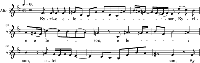 
\new Staff \with {
  midiInstrument = #"violin"
  instrumentName = #"Alto "
  shortInstrumentName = #"A"
  } {
   \relative c' {  
   \time 4/4 \key b \minor 
  \set Score.currentBarNumber = #32
    \tempo 4=60
       r2  \autoBeamOff fis8. fis16 fis8 fis  \autoBeamOn
       gis8 d cis gis' a d, cis ais'
       b16 a! g!8~ g16 fis \autoBeamOff eis (fis) eis8 d' (cis) b \autoBeamOn
       a  gis16 (fis) c'4~ c8 b b ( a)
       g!4 r8 cis, ais'4. gis16ais 
       b8  fis b2 ais4
       b4 r8 a! g16 fis g fis e4~
       e4 d8 cis b fis' b a
       gis2 fis4 r8 fis
  }  }
 \addlyrics { 
              Ky -- ri -- e  e -- le - - - - - - - - - - - i -- son,
              Ky -- ri -- e  e -- le -  i -- son,
               e -- le - - - - - i -- son,
             e -- lei - - - - - - - - - - -  son, Ky
            }

