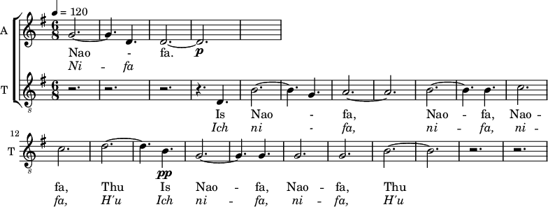 <<
\new ChoirStaff <<
\new Staff \with {
midiInstrument = "violin"
shortInstrumentName = #"A "
instrumentName = #"A "
} {
\relative c'' {
\time 6/8 \key g \major
g2.~
g4. d
d2.~
d2.\p
} }
\addlyrics {
Nao - fa.
}
\addlyrics { \override LyricText.font-shape = #'italic
Ni -- fa
}
\new Staff \with {
midiInstrument = "trumpet"
shortInstrumentName = #"T "
instrumentName = #"T "
} {
\relative c {
\clef "treble_8"
\set Staff.midiMaximumVolume = #0.9
\time 6/8 \key g \major
\tempo 4 = 120
r2. r r
r4. d
b'2.~
b4. g
a2.~
a2.
b2.~
b4. b4.
c2.
c2.
d2.~
d4. b4.\pp
g2.~
g4. g
g2.
g2.
b2.~
b2.
r2. r
}
}
\addlyrics {
Is
Nao -
fa,
Nao --
fa,
Nao --
fa,
Thu
Is
Nao --
fa,
Nao --
fa,
Thu
}
\addlyrics { \override LyricText.font-shape = #'italic
Ich
ni -
fa,
ni --
fa,
ni --
fa,
H'u
Ich
ni --
fa,
ni --
fa,
H'u
}
>>
>>