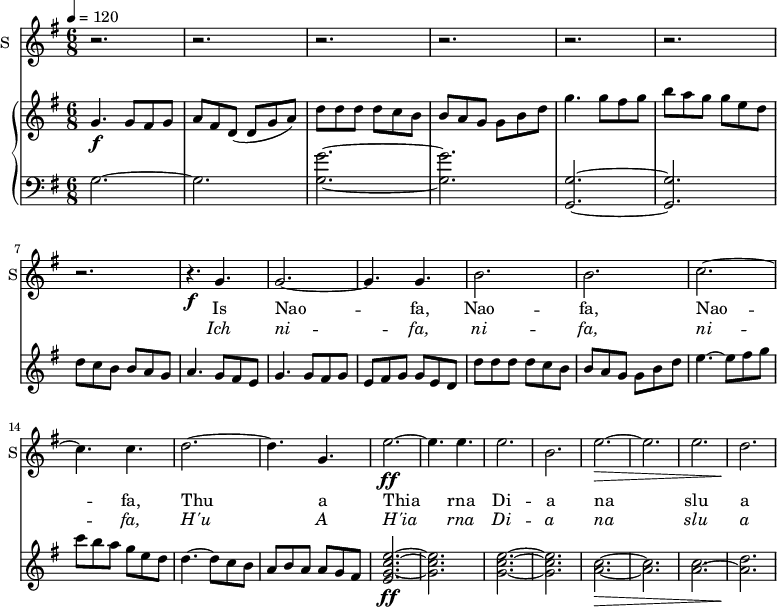 
<<
\new ChoirStaff <<
\new Staff \with {
  midiInstrument = #"Flute"
  instrumentName = #"S"  shortInstrumentName = #"S"
 } 
  {                                    % soprano A
  \relative c'' { 
   \set Staff.midiMaximumVolume = #0.9
         \time 6/8 \key g \major 
        \tempo 4 = 120
      r2. r r r r r r 
      r4.\f  g
      g2.~
      g4. g
      b2.
      b2.
      c2.~
      c4. c  
      d2.~
      d4. g,
      e'2.~\ff    
      e4. e4.
      e2.
      b2. 
      e2.~\>  
      e2. 
      e2.
      d2.\!   
  }
}
 \addlyrics { Is
              Nao --
              fa,
              Nao --
              fa,
              Nao --
              fa,
              Thu
              a
              Thia
              rna
              Di --
              a
              na
              slu
              a
}
 \addlyrics { \override LyricText.font-shape = #'italic
              Ich
              ni --
              fa,
              ni --
              fa,
              ni --
              fa,
              H'u
              A
              H'ia
              rna
              Di --
              a
              na
              slu
              a
}
>>
    \new PianoStaff <<
      \new Staff ="up" \relative c'' { 
        \time 6/8 \key g \major 
        \tempo 4 = 120
  \set Staff.midiMaximumVolume = #0.9
        g4.\f g8 fis g
        a fis d( d g a)
        d d d d c b
        b a g g b d
        g4. g8 fis g
        b a g g e d
        d c b b a g
        a4. g8 fis e
  \set Staff.midiMaximumVolume = #0.4
        g4. g8 fis g
        e fis g  g e d
        d' d d d c b
        b a g g b d
        e4.~ e8 fis g
        c b a g e d
        d4.~ d8 c b 
        a b a a g fis

        <e g c e>2.~\ff
        <g c e>
        <g c e>2.~
        <g c e>                    %20
        <a c>2.~\>
        <a c>
        <a c>2.~
        <a d>\!

      }
      \new Staff \relative c' { 
        \clef bass
        \key g \major 
      g2.~
      g2.
      <g g'>2.~
      <g g'>2.
      <g, g'>2.~
      <g g'>2.
         
       } 
    >>

>>
