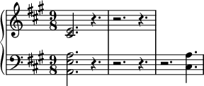 
<<
  \new PianoStaff <<
     \new Staff  \with {
  midiInstrument = "church organ"
  }  \relative c' {
       \key a \major  \time 9/8
       <cis e>2. r4.
          r2. r4.
     }
     \new Staff \with {
  midiInstrument = "church organ"
  } \relative c {
        \clef bass
       \key a \major  \time 9/8 
          <a e' a>2. r4.
          r2. r4.
          r2. <cis a'>4.
     }
 >>
>>
