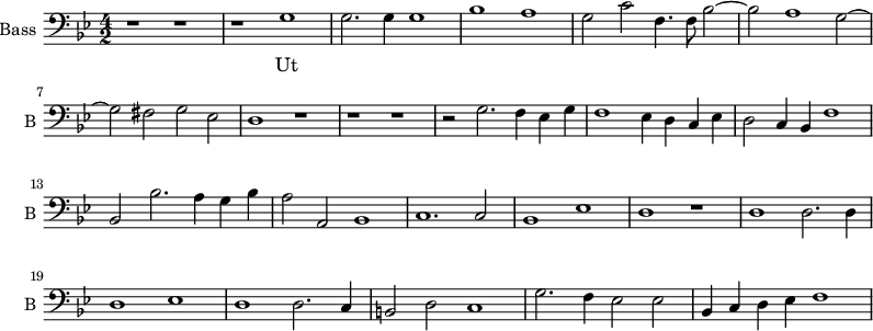 
\new Staff \with {
  midiInstrument = "voice oohs"
  shortInstrumentName = #"B "
  instrumentName = #"Bass "
  } {
  \clef bass \relative c' {  
   \time 4/2 \key g \minor 
        r1 r1
        r1 g
        g2. g4 g1
        bes1 a 
        g2 c f,4. f8  bes2~
        bes2 a1 g2~
        g2 fis2 g2 ees
        d1 r1
        r1 r1
        r2 g2. f4 ees g
        f1 ees4 d c ees
        d2 c4 bes f'1
        bes,2 bes'2. a4 g4 bes4
        a2 a,2 bes1
        c1. c2
        bes1 ees
        d1 r1
        d1 d2. d4
        d1 ees1
        d1 d2. c4
        b2 d2 c1
        g'2. f4 ees2 ees
        bes4 c d ees f1
  }  }
 \addlyrics { 
              Ut
            }
