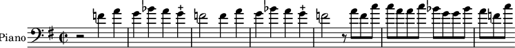 
\new Staff \with {
  midiInstrument = #"Piano"
  instrumentName = #"Piano"
  shortInstrumentName = #"C "
  } {
  \clef bass\relative c' {  
   \time 2/2 \key g \major
    r2 f4 a
    g bes a g-+
    f2 f4 a
    g bes a g-+
    f2 r8 {a8[f c']}   
    {c8[a a c]} {bes8[g g bes]}
    {a8[f c']}
}  }
