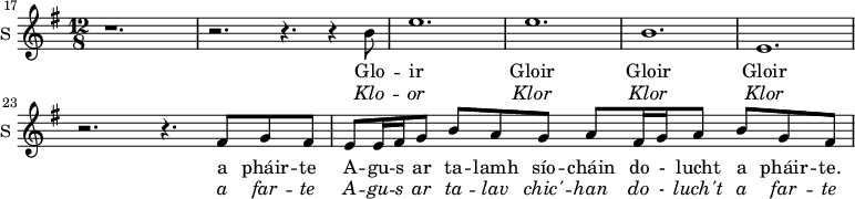 
<<
\new ChoirStaff <<
\new Staff \with {
  midiInstrument = #"Flute"
  instrumentName = #"S "
  shortInstrumentName = #"S "
 } 
  {
  \relative c' { 
   \set Staff.midiMaximumVolume = #0.9
   \set Score.currentBarNumber = #17
        \key g \major  
        \time 12/8  
        \bar "||"   r1. 
          r2. r4. r4 b'8
          e1. 
          e 
          b 
         e,  
         r2.   r4. fis8 g fis
         e8 e16 fis g8 b a g a fis16 g a8 b g fis
   }
 } 
\addlyrics { Glo -- ir 
             Gloir 
             Gloir 
             Gloir 
             a pháir -- te
             A -- gu -- s ar ta -- lamh sío -- cháin do - lucht a pháir -- te.
            }
\addlyrics { \override LyricText.font-shape = #'italic
              Klo -- or 
              Klor 
              Klor 
              Klor 
              a far --  te
              A -- gu -- s ar  ta -- lav  chic' -- han  do - luch't a  far --   te
            }
>>
>>
