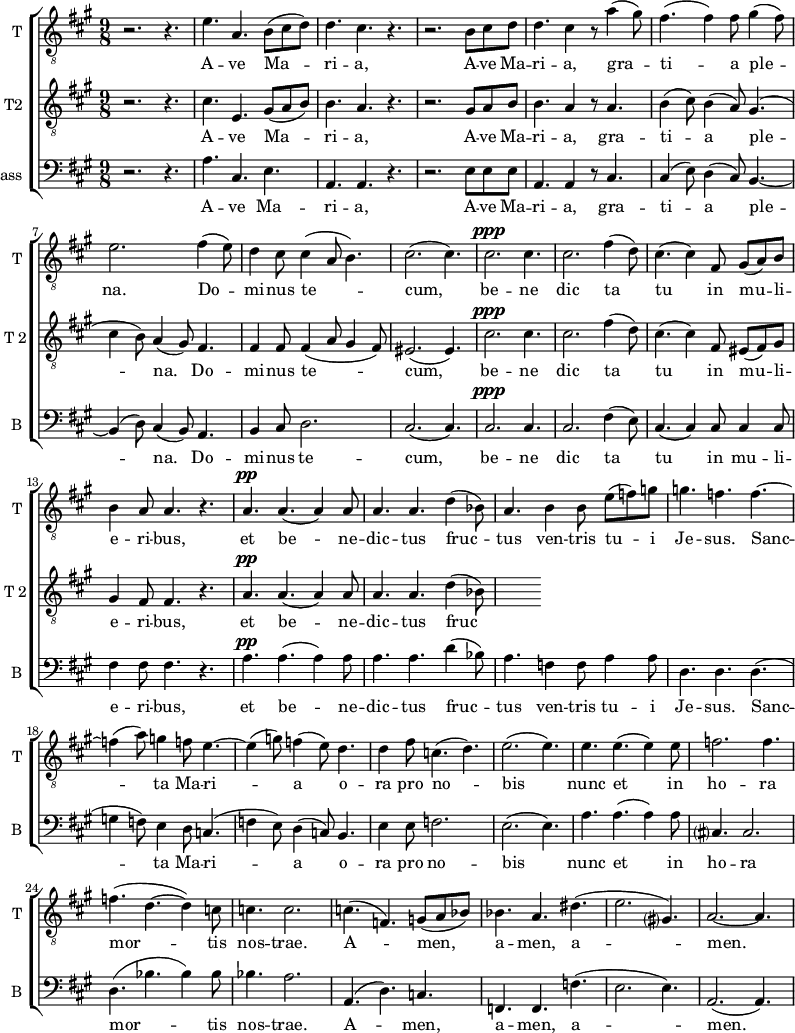 <<
\new ChoirStaff <<
\new Staff \with {
midiInstrument = "trumpet"
shortInstrumentName = #"T "
instrumentName = #"T "
} {
\relative c' {
\clef "treble_8"
\time 9/8 \key a \major
r2. r4.
e4. a,4. b8 (cis d)
d4. cis4. r4.
r2. b8 cis d
d4. cis4 r8 a'4 (gis8)
fis4. (fis4) fis8 gis4 (fis8)
e2. fis4 (e8)
d4 cis8 cis4 ( a8 b4.)
cis2. (cis4.)
cis2. ^\ppp cis4.
cis2. fis4 (d8)
cis4. (cis4) fis,8 gis8 (a8) b8
b4 a8 a4. r4.
a4. ^\pp a4. (a4) a8
a4. a4. d4 (bes8)
a4. b4 b8 e8 (f) g
g4. f4. f4.~
f4 (a8) g4 f8 e4.~e4 (g8) f4 (e8) d4.
d4 fis8 c4. (d4.)
e2. (e4.)
e4. e4. (e4) e8
f2. f4.
f4. (d4.~ d4) c8
c4. c2.
c4. (f,4.) g8 (a bes)
bes4. a4. dis4.
(e2. gis,?4.)
a2.~ a4.
} }
\addlyrics {
A -- ve Ma -- ri -- a,
A -- ve Ma -- ri -- a, gra -- ti -- a ple -- na.
Do -- mi -- nus te -- cum,
be -- ne dic ta tu in mu -- li -- e -- ri -- bus,
et be -- ne -- dic -- tus fruc -- tus ven -- tris tu -- i Je -- sus.
Sanc -- ta Ma -- ri -- a
o -- ra pro no -- bis
nunc et in ho -- ra mor -- tis nos -- trae. A -- men, a -- men, a -- men.
}
\new Staff \with {
midiInstrument = "trumpet"
shortInstrumentName = #"T 2"
instrumentName = #"T2 "
} {
\relative c' {
\clef "treble_8"
\time 9/8 \key a \major
r2. r4.
cis4. e,4. gis8 (a b)
b4. a4. r4.
r2. gis8 a b
b4. a4 r8 a4.
b4 (cis8) b4 (a8) gis4.
( cis4 b8) a4 (gis8) fis4.
fis4 fis8 fis4 (a8 gis4 fis8)
eis2. ( eis4. )
cis'2. ^\ppp cis4.
cis2. fis4 (d8)
cis4. (cis4) fis,8 eis (fis) gis
gis4 fis8 fis4. r4.
a4. ^\pp a4. (a4) a8
a4. a4. d4 (bes8)
} }
\addlyrics {
A -- ve Ma -- ri -- a,
A -- ve Ma -- ri -- a, gra -- ti -- a ple -- na.
Do -- mi -- nus te -- cum,
be -- ne dic ta tu in mu -- li -- e -- ri -- bus,
et be -- ne -- dic -- tus fruc -- tus ven -- tris tu -- i Je -- sus.
Sanc -- ta Ma -- ri -- a
o -- ra pro no -- bis
nunc et in ho -- ra mor -- tis nos -- trae. A -- men, a -- men, a -- men.
}
\new Staff \with {
midiInstrument = "voice oohs"
shortInstrumentName = #"B "
instrumentName = #"Bass "
} {
\clef bass \relative c' {
\time 9/8 \key a \major
r2. r4.
a4. cis,4. e4.
a,4. a4. r4.
r2. e'8 e e
a,4. a4 r8 cis4.
cis4 (e8) d4 (cis8) b4.~
b4 (d8) cis4 (b8) a4.
b4 cis8 d2.
cis2. (cis4.)
cis2. ^\ppp cis4.
cis2. fis4 (e8)
cis4. (cis4) cis8 cis4 cis8
fis4 fis8 fis 4. r4.
a4. ^\pp a4. (a4) a8
a4. a4. d4 (bes8)
a4. f4 f8 a4 a8
d,4. d4. d4.
(g4 f8) e4 d8 c4.
(f4 e8) d4 (c8) b4.
e4 e8 f2.
e2. (e4.)
a4. a4. (a4) a8
cis,?4. cis2.
d4. ( bes'4. bes4) bes8
bes4. a2.
a,4. ( d4.) c4.
f,4. f4. f'4.
(e2. e4.)
a,2. (a4.)
} }
\addlyrics {
A -- ve Ma -- ri -- a,
A -- ve Ma -- ri -- a, gra -- ti -- a ple -- na.
Do -- mi -- nus te -- cum,
be -- ne dic ta tu in mu -- li -- e -- ri -- bus,
et be -- ne -- dic -- tus fruc -- tus ven -- tris tu -- i Je -- sus.
Sanc -- ta Ma -- ri -- a
o -- ra pro no -- bis
nunc et in ho -- ra mor -- tis nos -- trae. A -- men, a -- men, a -- men.
}
>>
>>