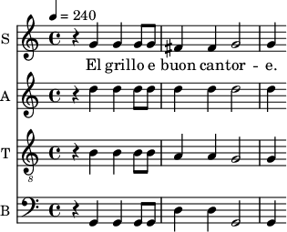 
<<
\new Staff \with {
  midiInstrument = #"Flute"
  instrumentName = #"S "
  shortInstrumentName = #"S "
  } {
  \relative c'' {  
 \tempo 4 = 240
    r4 g4 |
    g g8 g fis4 fis |
    g2 g4 
  }  }
 \addlyrics { 
               
    El gril -- lo e buon can -- tor -- e.
            }

\new Staff \with {
  midiInstrument = #"violin"
  instrumentName = #"A "
  shortInstrumentName = #"A "
  } {
  \relative c' {  
 \tempo 4 = 240
   r4 d'4|
    d d8 d d4 d |
    d2 d4 

  }  }

\new Staff \with {
  midiInstrument = #"violin"
  instrumentName = #"T "
  shortInstrumentName = #"T "
  } {
  \relative c' {  
 \tempo 4 = 240
  \clef "G_8"
   r4 b4 |
    b b8 b a4 a |
    g2 g4 
  }  }
 
\new Staff \with {
  midiInstrument = #"cello"
  instrumentName = #"B "
  shortInstrumentName = #"B "
  } {
  \relative c {  
 \tempo 4 = 240
  \clef "F"
    r4 g4 |
    g g8 g d'4 d |
    g,2 g4 
  }  }
 
>>
