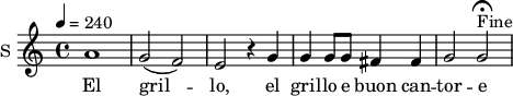 
\new Staff \with {
  midiInstrument = #"Flute"
  instrumentName = #"S "
  shortInstrumentName = #"S "
  } {
  \relative c'' {  
 \tempo 4 = 240
    a1 |
    g2 (  f) | e r4 g4 |
    g g8 g fis4 fis |
    g2 g\fermata^"Fine" |
  }  }
 \addlyrics { 
    El gril -- lo,
    el gril -- lo e buon can -- tor -- e
            }
